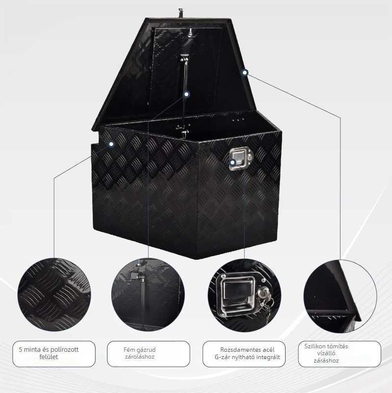 Alumíniumötvözetből készült szerszámtároló doboz, négyszögletes lépcső típus, testre szabható a rajzok szerint, teherbírás 70 kg