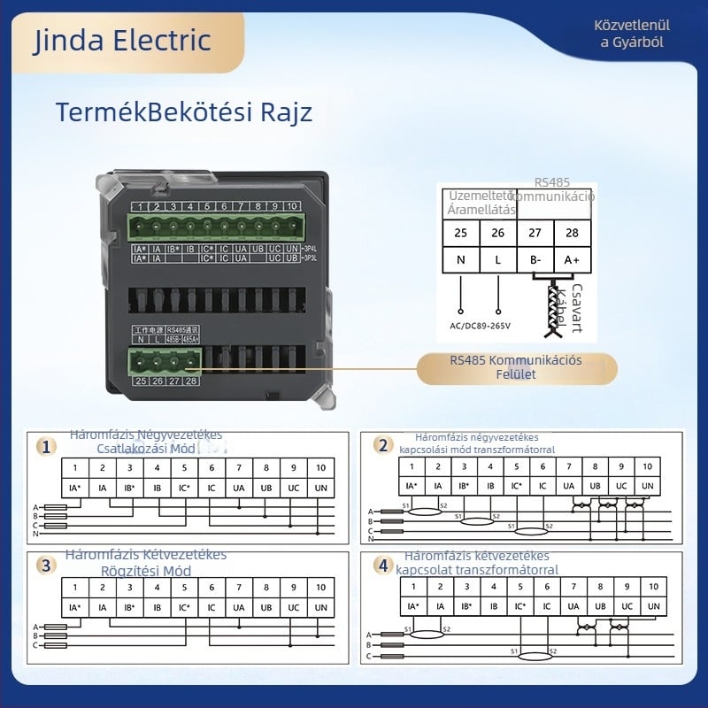 Háromfázisú digitális teljesítménymérő LCD kijelzővel, feszültség és áram mérése, RS-485 kommunikáció