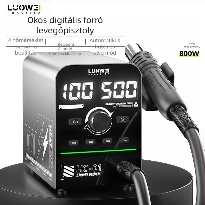 Luowei Hg-01 meleglevegős pisztoly – 800W, intelligens digitális kijelző, 4 hőmérséklet memória, PID szabályozás