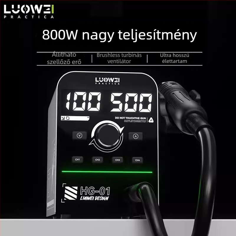 Luowei Hg-01 meleglevegős pisztoly – 800W, intelligens digitális kijelző, 4 hőmérséklet memória, PID szabályozás