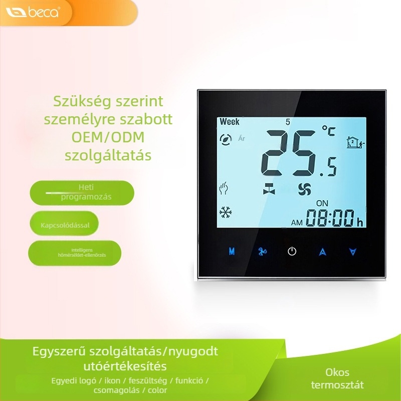 Belső központi légkondicionáló hőmérsékletszabályzó panel digitális kijelzővel; többprotokolos kapcsolódás: WiFi, Modbus, Zigbee, Z-Wave, 485 és LoRaWAN; 95–240 VAC; 86-os beépítő keret.