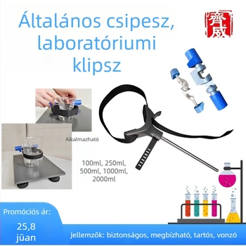 Laboratóriumi beaker-tartó: rögzített, keveréshez/agitáláshoz, univerzális csipesz és kötéltartozék