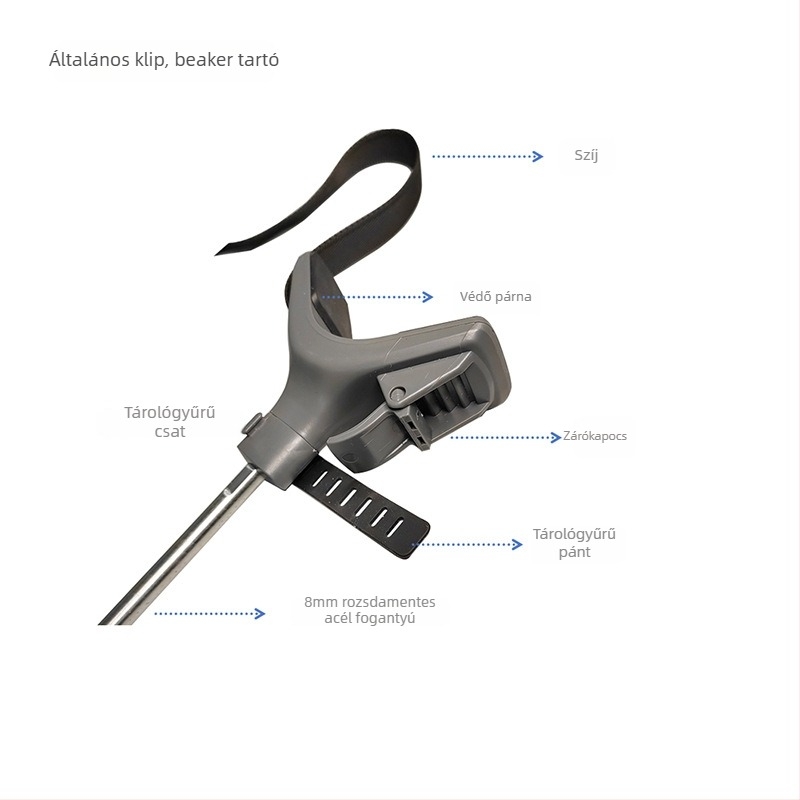 Laboratóriumi beaker-tartó: rögzített, keveréshez/agitáláshoz, univerzális csipesz és kötéltartozék