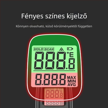 Kézi infravörös hőmérő, érintésmentes, lézeres célzással, két AAA elemről működik, 500 ms válaszidő, ipari használatra