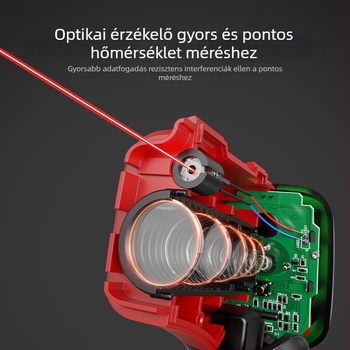 Kézi infravörös hőmérő, érintésmentes, lézeres célzással, két AAA elemről működik, 500 ms válaszidő, ipari használatra