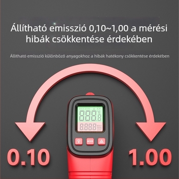 Kézi infravörös hőmérő, érintésmentes, lézeres célzással, két AAA elemről működik, 500 ms válaszidő, ipari használatra