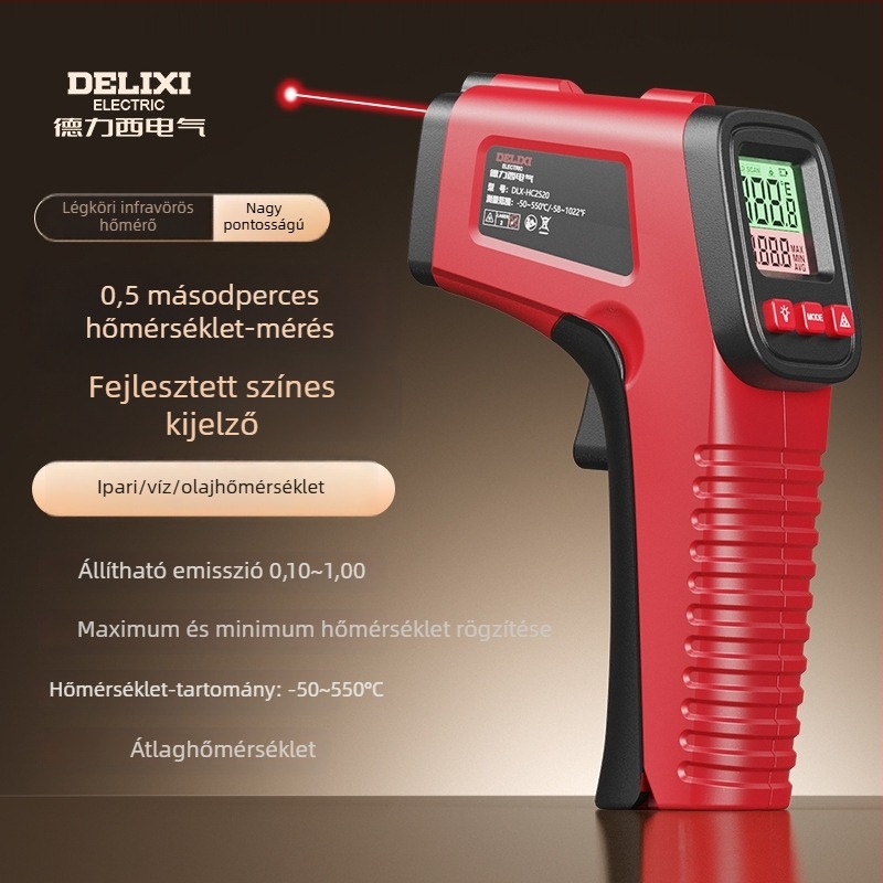 Kézi infravörös hőmérő, érintésmentes, lézeres célzással, két AAA elemről működik, 500 ms válaszidő, ipari használatra