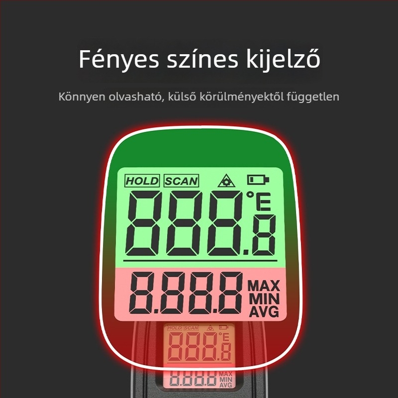 Kézi infravörös hőmérő, érintésmentes, lézeres célzással, két AAA elemről működik, 500 ms válaszidő, ipari használatra