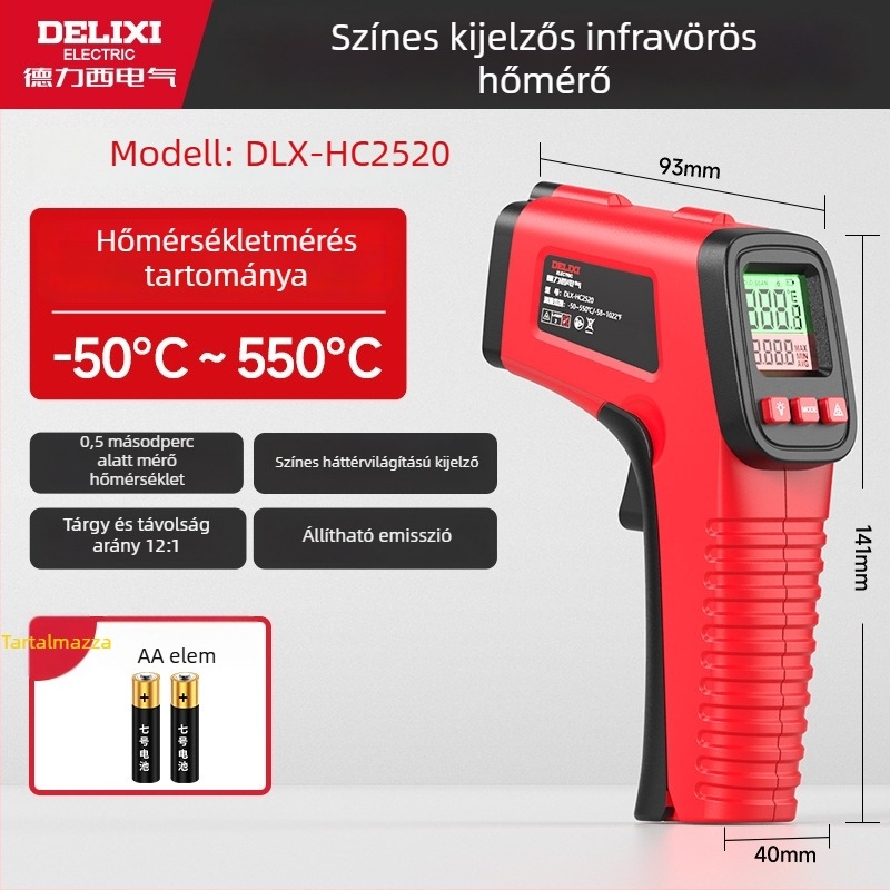 Kézi infravörös hőmérő, érintésmentes, lézeres célzással, két AAA elemről működik, 500 ms válaszidő, ipari használatra
