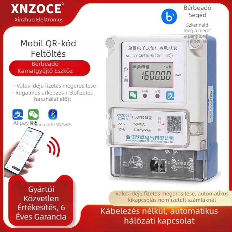 Xinzhuo intelligens előre fizetett villanyóra QR-kód olvasással, 4G távoli leolvasással, Bluetooth, egyfázisú, bérleményekhez