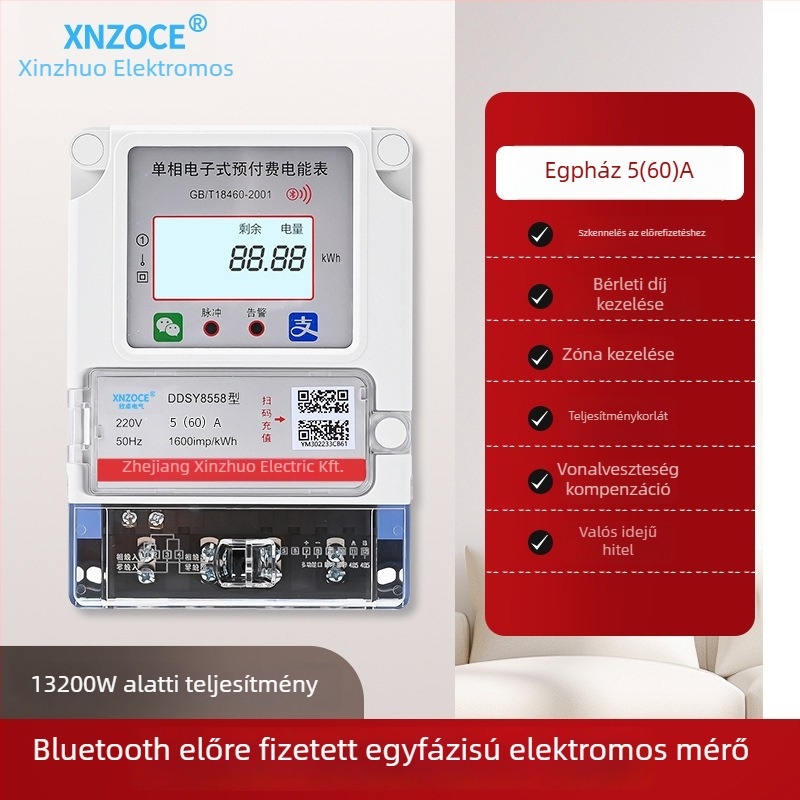 Xinzhuo intelligens előre fizetett villanyóra QR-kód olvasással, 4G távoli leolvasással, Bluetooth, egyfázisú, bérleményekhez