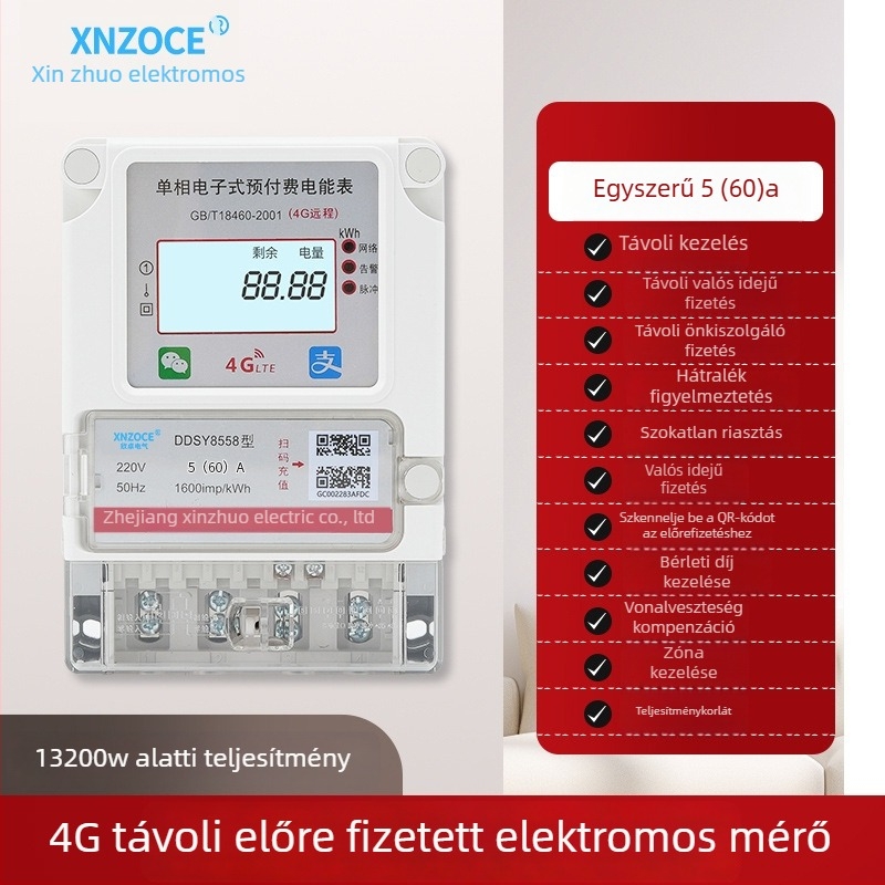 Xinzhuo intelligens előre fizetett villanyóra QR-kód olvasással, 4G távoli leolvasással, Bluetooth, egyfázisú, bérleményekhez