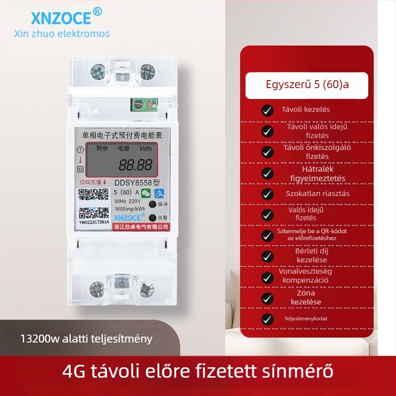 Xinzhuo intelligens előre fizetett villanyóra QR-kód olvasással, 4G távoli leolvasással, Bluetooth, egyfázisú, bérleményekhez