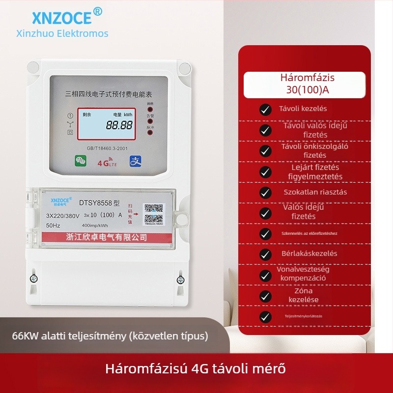 Xinzhuo intelligens előre fizetett villanyóra QR-kód olvasással, 4G távoli leolvasással, Bluetooth, egyfázisú, bérleményekhez