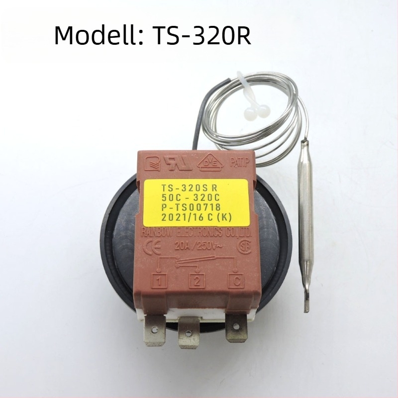 Rainbow kazánhőmérséklet-szabályozó TS320R/TS120SR, folyadékexpanziós termosztát, lapos fejű gomb, panelre szerelhető, 250 V