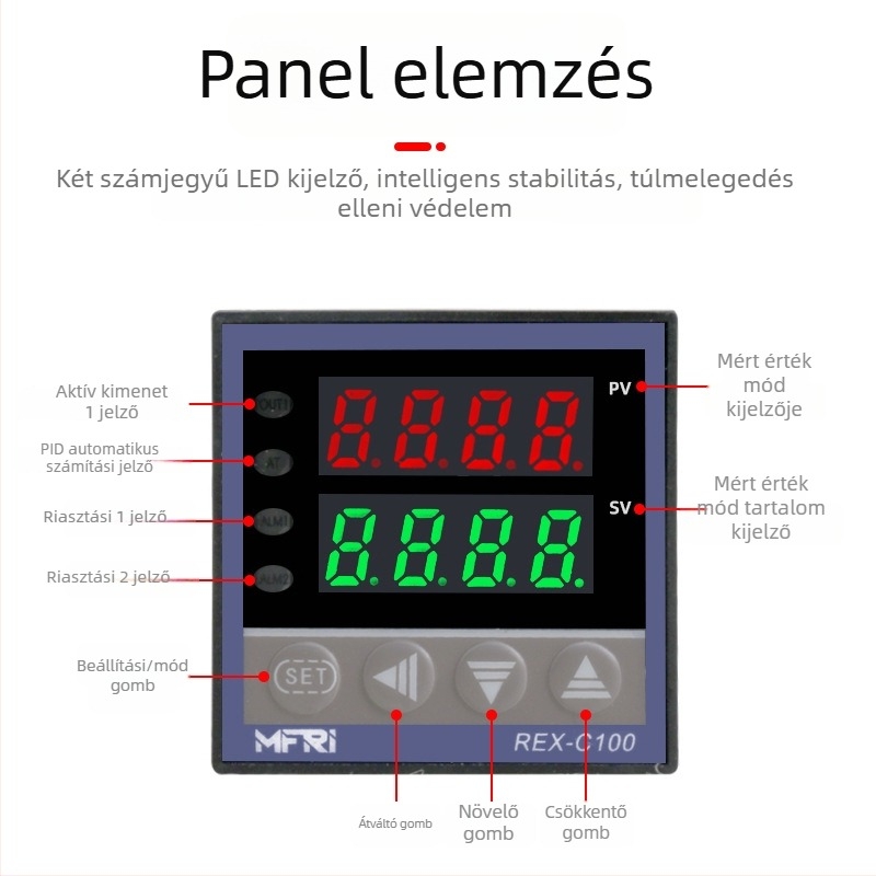 REX-C100 Hőmérséklet-szabályozó, modell C100FK02-MV*AN AB, intelligens PID, 220V, Digitális kijelző