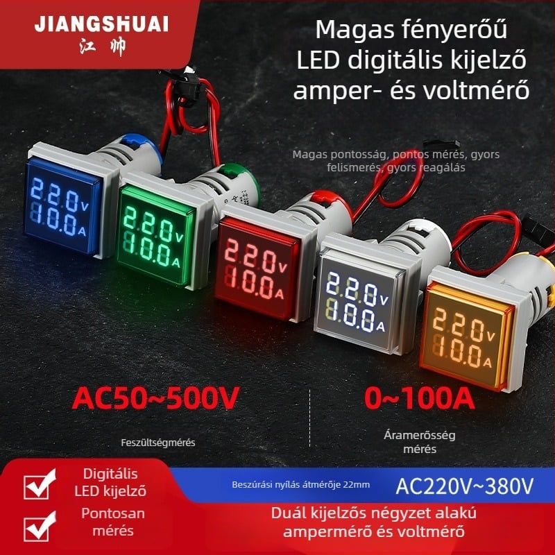 AD16-22VAMS kettős kijelzős feszültség- és árammérő, digitális cső kijelző, tartomány 50-500V, nagy pontosságú mérés, szerelési lyuk 22 mm