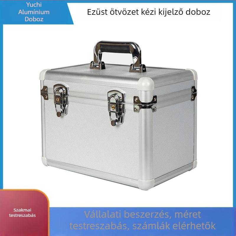 Alumínium ötvözetű szerszámtartó doboz, kézi hordozható, zárható, rekeszekkel