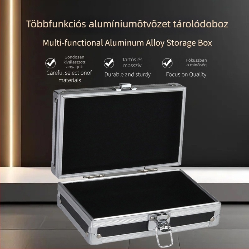 Fekete alumíniumötvözetes szerszámtároló, hordozható, többfunkciós, kültéri utazásokhoz