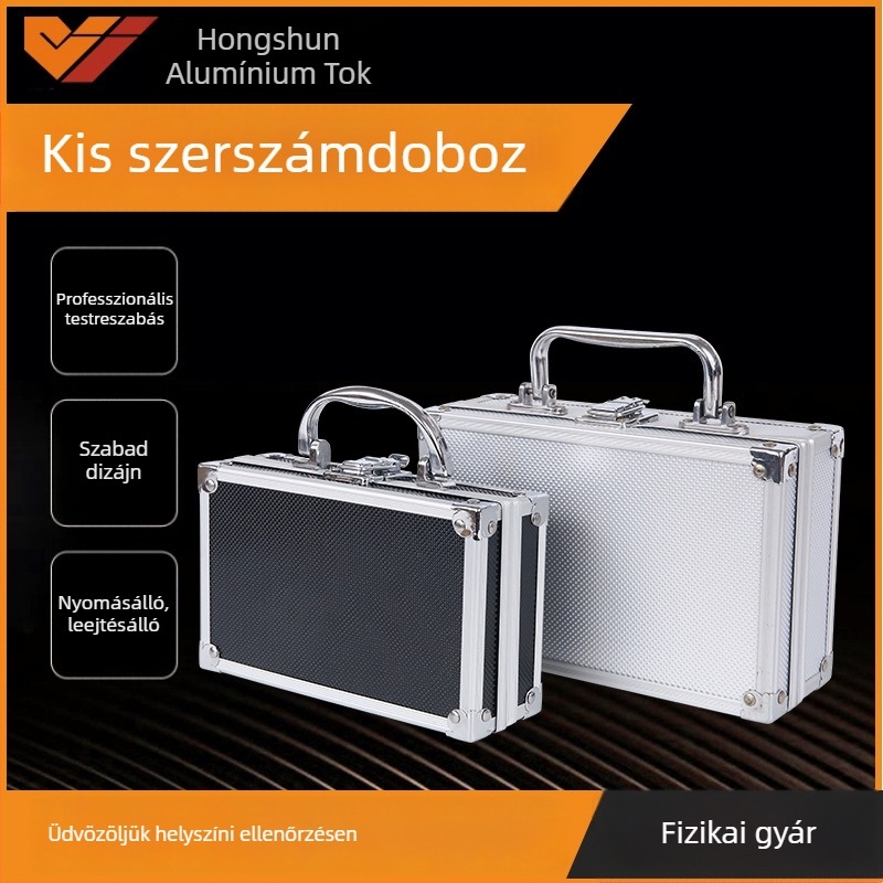 Hordozható alumíniumötvözetű tároló – mini szerszámosláda iskolai kellékekhez