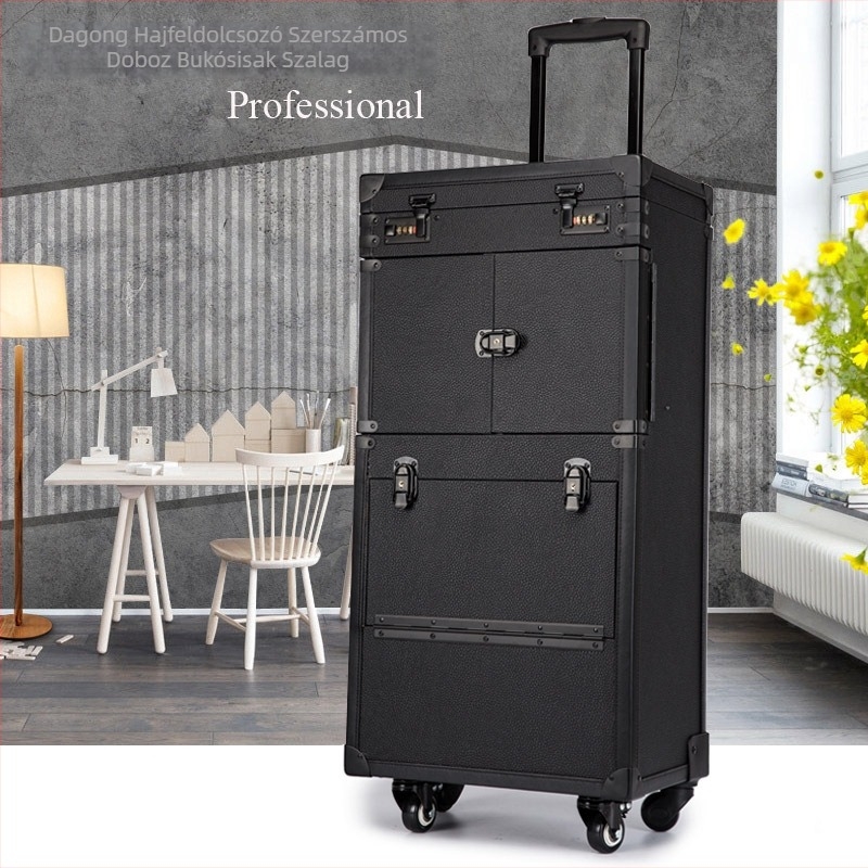 Fodrászati gurulós eszköztartó doboz – keret: alumíniumötvözet és bőr, retro stílus, fodrász szalon doboz, nagy teherbírás