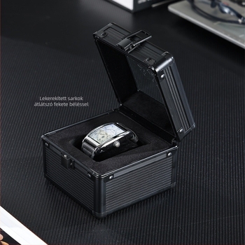 Óra kiállító és tároló doboz alumínium ötvözet kerettel, EVA és velúr béléssel, ABS felülettel, üvegfedél, kapacitás: 1 óra