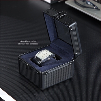 Óra kiállító és tároló doboz alumínium ötvözet kerettel, EVA és velúr béléssel, ABS felülettel, üvegfedél, kapacitás: 1 óra