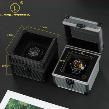 Óra kiállító és tároló doboz alumínium ötvözet kerettel, EVA és velúr béléssel, ABS felülettel, üvegfedél, kapacitás: 1 óra