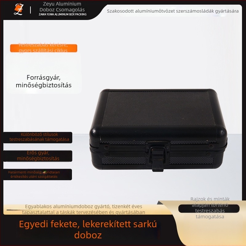 Fekete alumínium ötvözetű szerszámtáska bemutató mintadobozzal