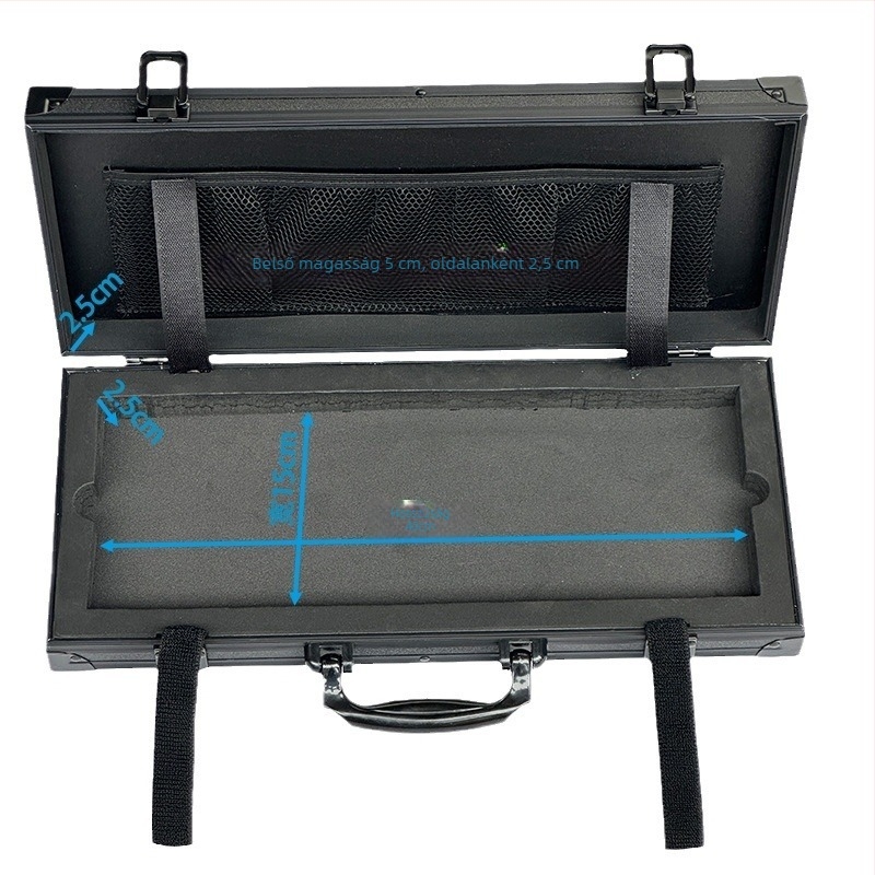 Zárható alumínium ötvözetből készült szállító tok billentyűzetek, drónok és egerek tárolására; hordozható, ütésálló, 8 kg teherbírás.