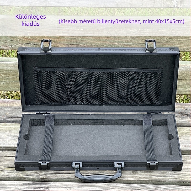 Zárható alumínium ötvözetből készült szállító tok billentyűzetek, drónok és egerek tárolására; hordozható, ütésálló, 8 kg teherbírás.