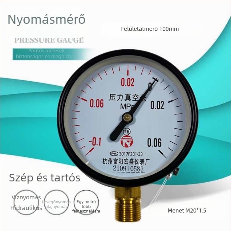 Diafragmatikus nyomásmérő vákuumhoz és pozitív/negatív nyomáshoz, modell YZ100*-0.1-0.15 MPa