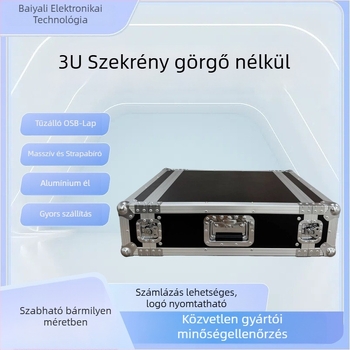 3U alumíniumötvözetű repülőtok audio berendezésekhez, egyrétegű, kerekek nélkül, erősítő rackhez