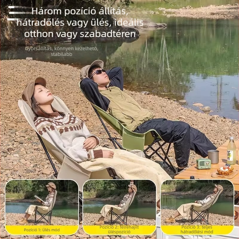 Négy pozícióban állítható összecsukható kempingszék magas háttámlával, szénacél váz, ideális kültéri vázlatkészítéshez
