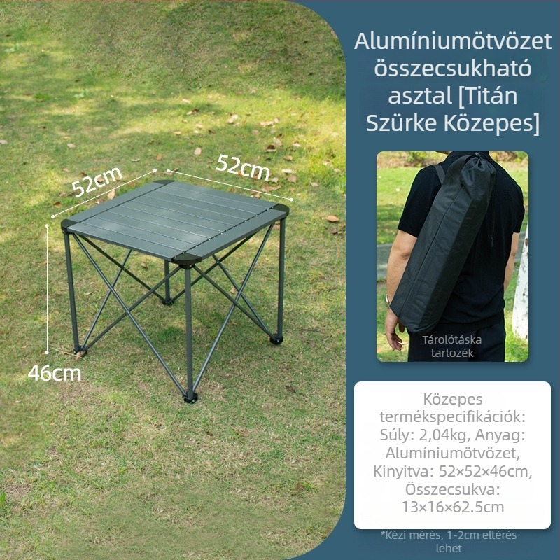 Ötvözet alumíniumból készült négyzet alakú kempingasztal, hordozható a grillhez és a kempingezéshez, kifinomult kemping stílusban (anyag: alumínium ötvözet; forma: négyzet; összecsukható: igen; stílus: kifinomult kemping)