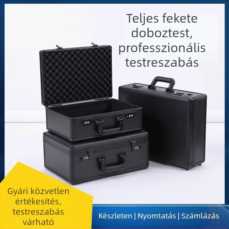 Műanyag szerszámtartó doboz több zárási lehetőséggel: kombinált zár, kulcs-zár és csattanó zár; pamut bélés.