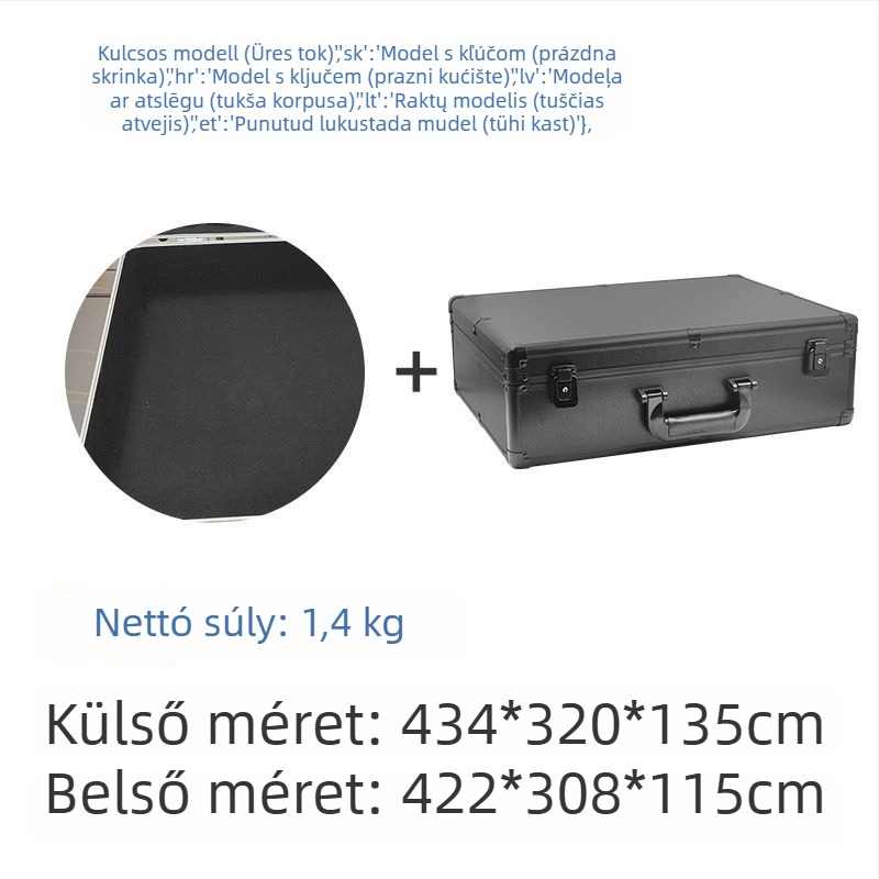 Műanyag szerszámtartó doboz több zárási lehetőséggel: kombinált zár, kulcs-zár és csattanó zár; pamut bélés.