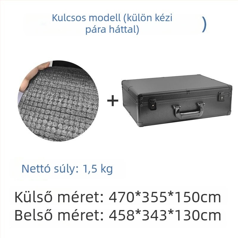 Műanyag szerszámtartó doboz több zárási lehetőséggel: kombinált zár, kulcs-zár és csattanó zár; pamut bélés.