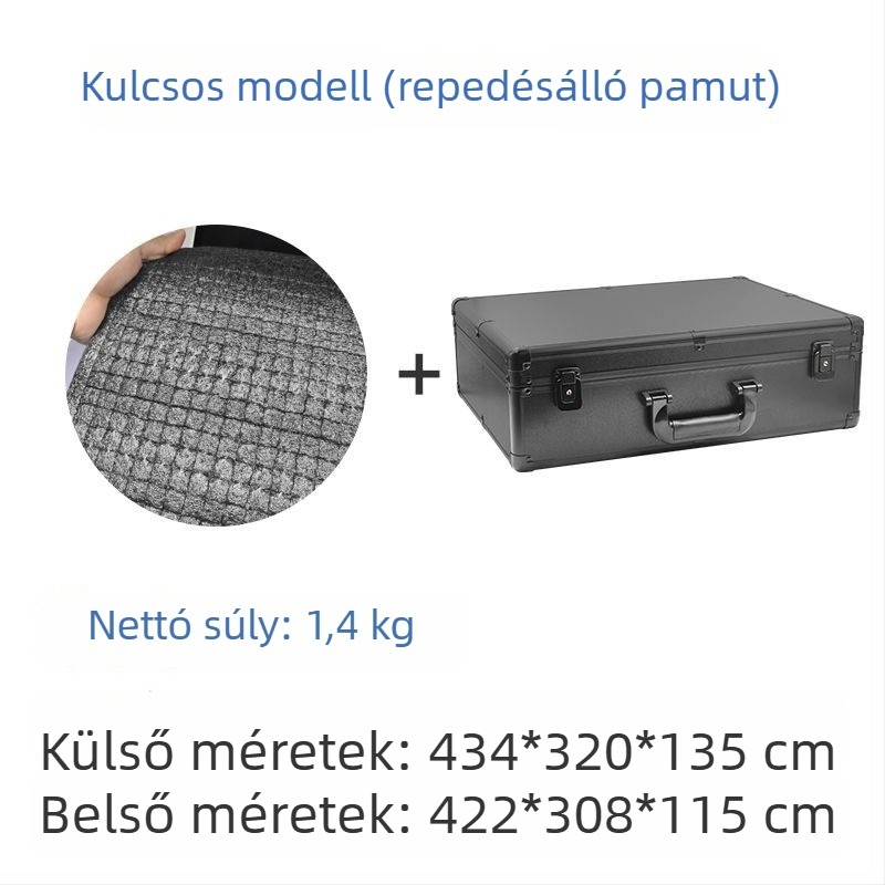 Műanyag szerszámtartó doboz több zárási lehetőséggel: kombinált zár, kulcs-zár és csattanó zár; pamut bélés.