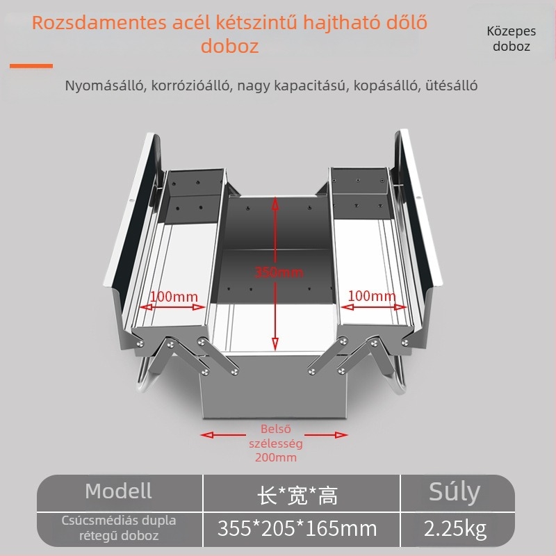 Rozsdamentes acélból készült összecsukható szerszámtartó doboz, kettős rétegű kagyló dizájnnal, hordozható fém tároló