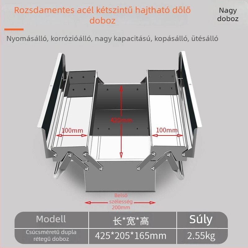 Rozsdamentes acélból készült összecsukható szerszámtartó doboz, kettős rétegű kagyló dizájnnal, hordozható fém tároló