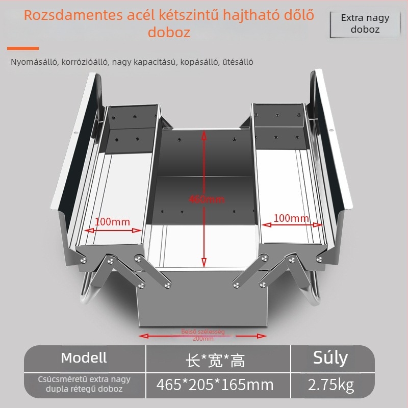 Rozsdamentes acélból készült összecsukható szerszámtartó doboz, kettős rétegű kagyló dizájnnal, hordozható fém tároló
