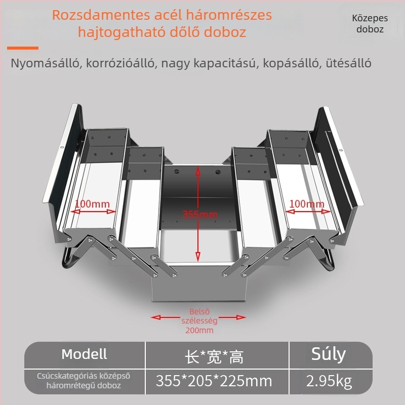 Rozsdamentes acélból készült összecsukható szerszámtartó doboz, kettős rétegű kagyló dizájnnal, hordozható fém tároló