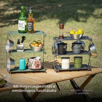 Háromszintes tömörfa összecsukható kempingasztal tárolóval