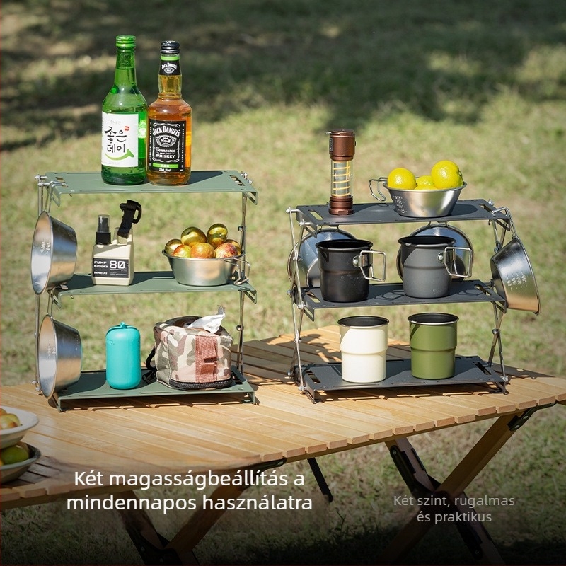 Háromszintes tömörfa összecsukható kempingasztal tárolóval