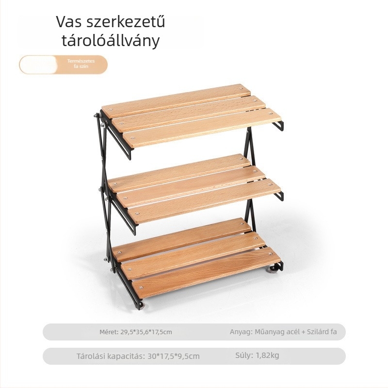Háromszintes összecsukható fából készült kempingasztal és tárolópolc (Brand: Hike Mount; Anyag: tömörfa; Rétegek: 3; Eredet: Zhejiang)