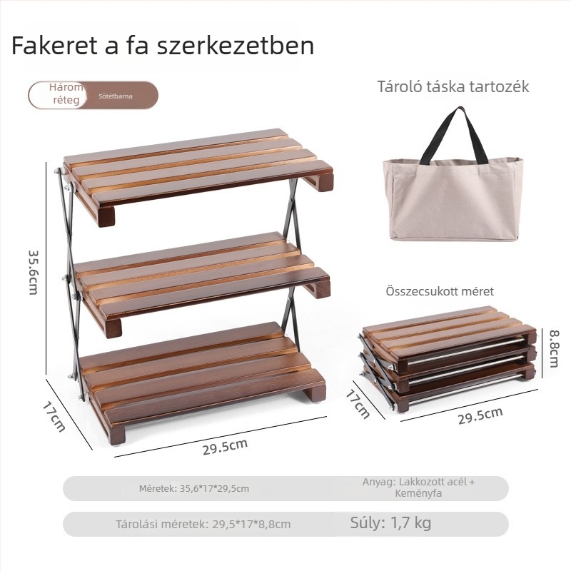 Háromszintes összecsukható fából készült kempingasztal és tárolópolc (Brand: Hike Mount; Anyag: tömörfa; Rétegek: 3; Eredet: Zhejiang)
