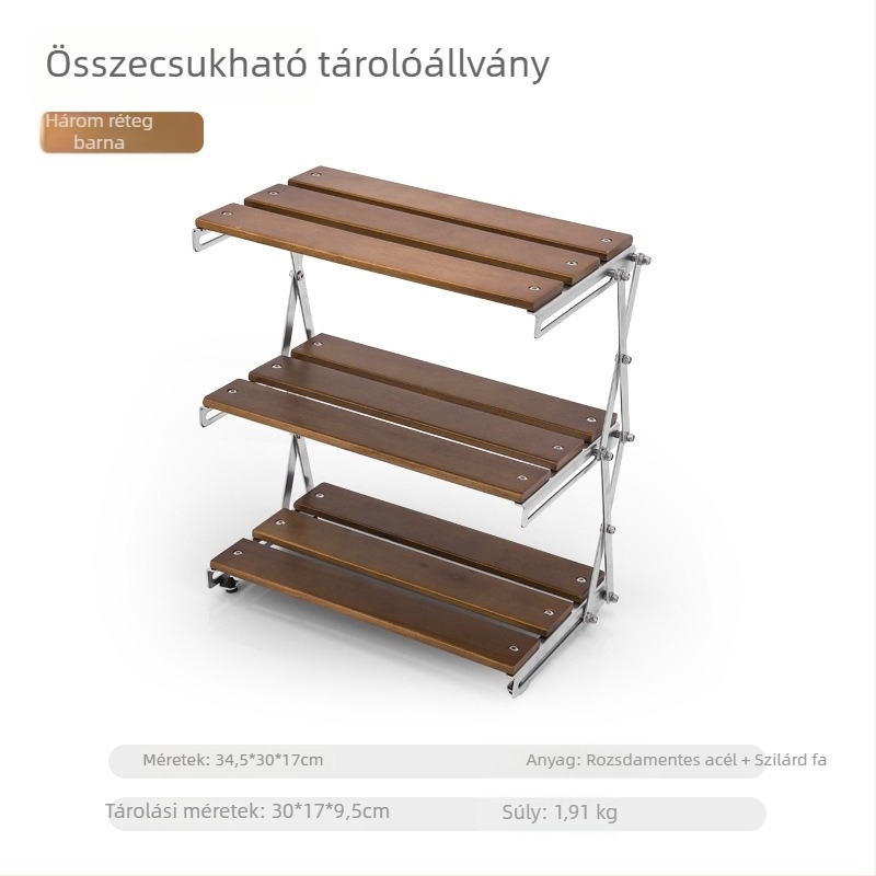 Háromszintes összecsukható fából készült kempingasztal és tárolópolc (Brand: Hike Mount; Anyag: tömörfa; Rétegek: 3; Eredet: Zhejiang)
