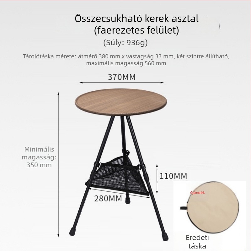 Kompakt kempingasztal állítható magassággal, kerek ABS felülettel és összecsukható háromlábú lábakkal