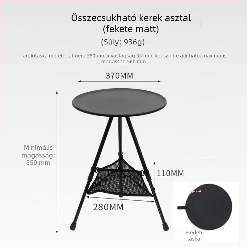 Kompakt kempingasztal állítható magassággal, kerek ABS felülettel és összecsukható háromlábú lábakkal